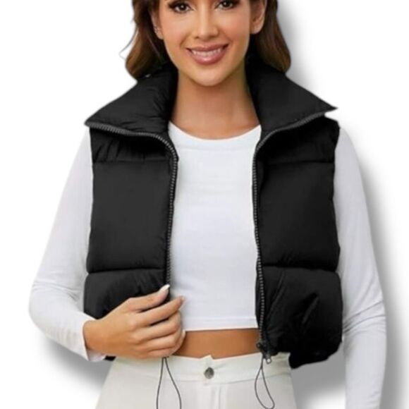 Black Puffer Vest Tall Collar Front Zipper NEW - Picture 2 of 3